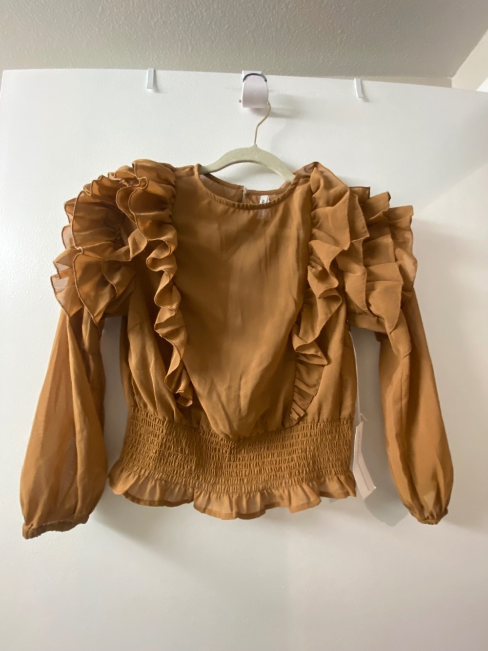 NWT Live 4 Truth Chiffon Ruffle Smocked Hem Long Sleeve Boho Brown Blouse, S